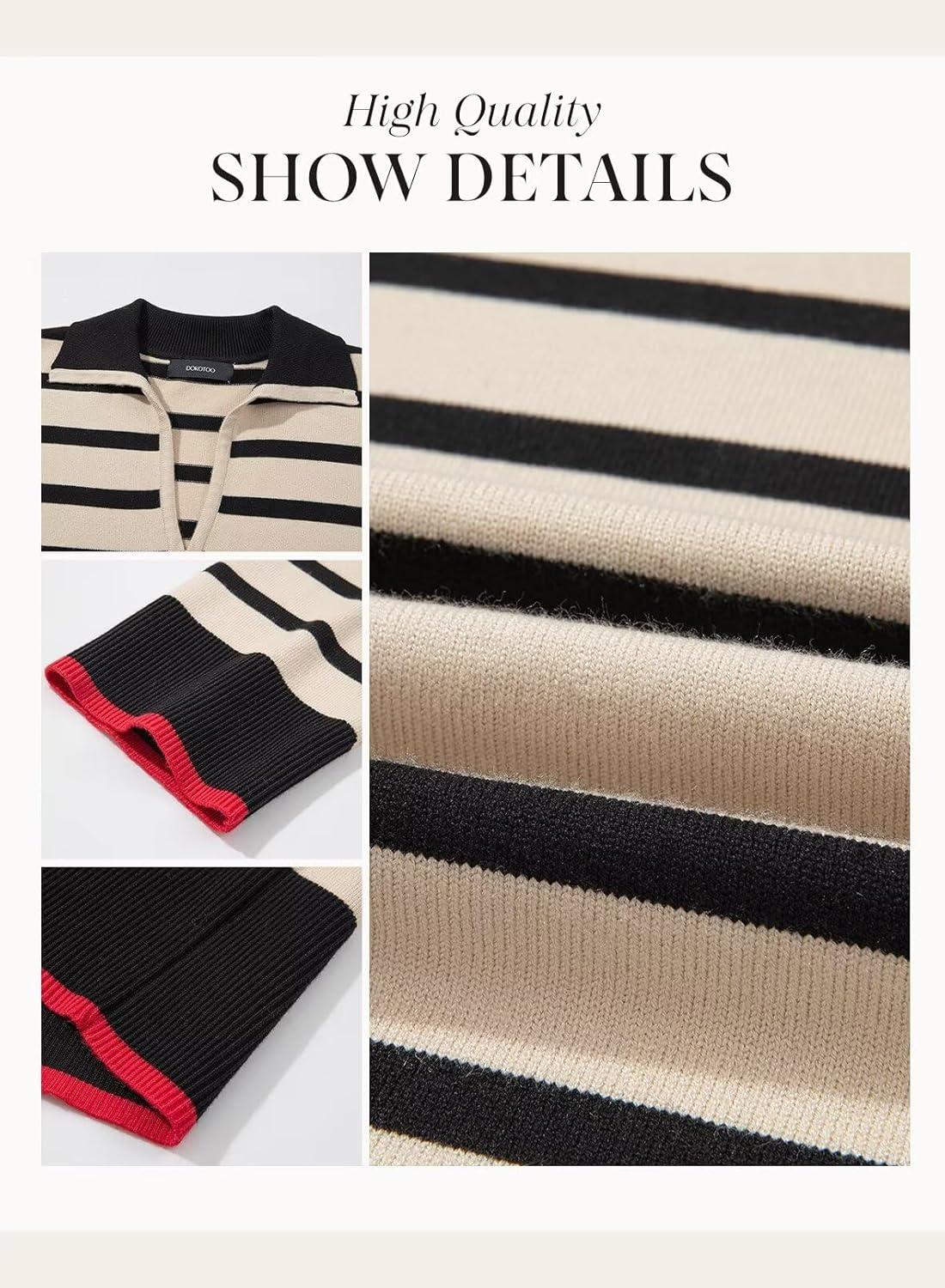 imageDokotoo Womens Polo V Neck Sweater Dresses Fall Dresses for Women 2024 Long Sleeve Dress Casual Striped Mini DressApricot Stripe