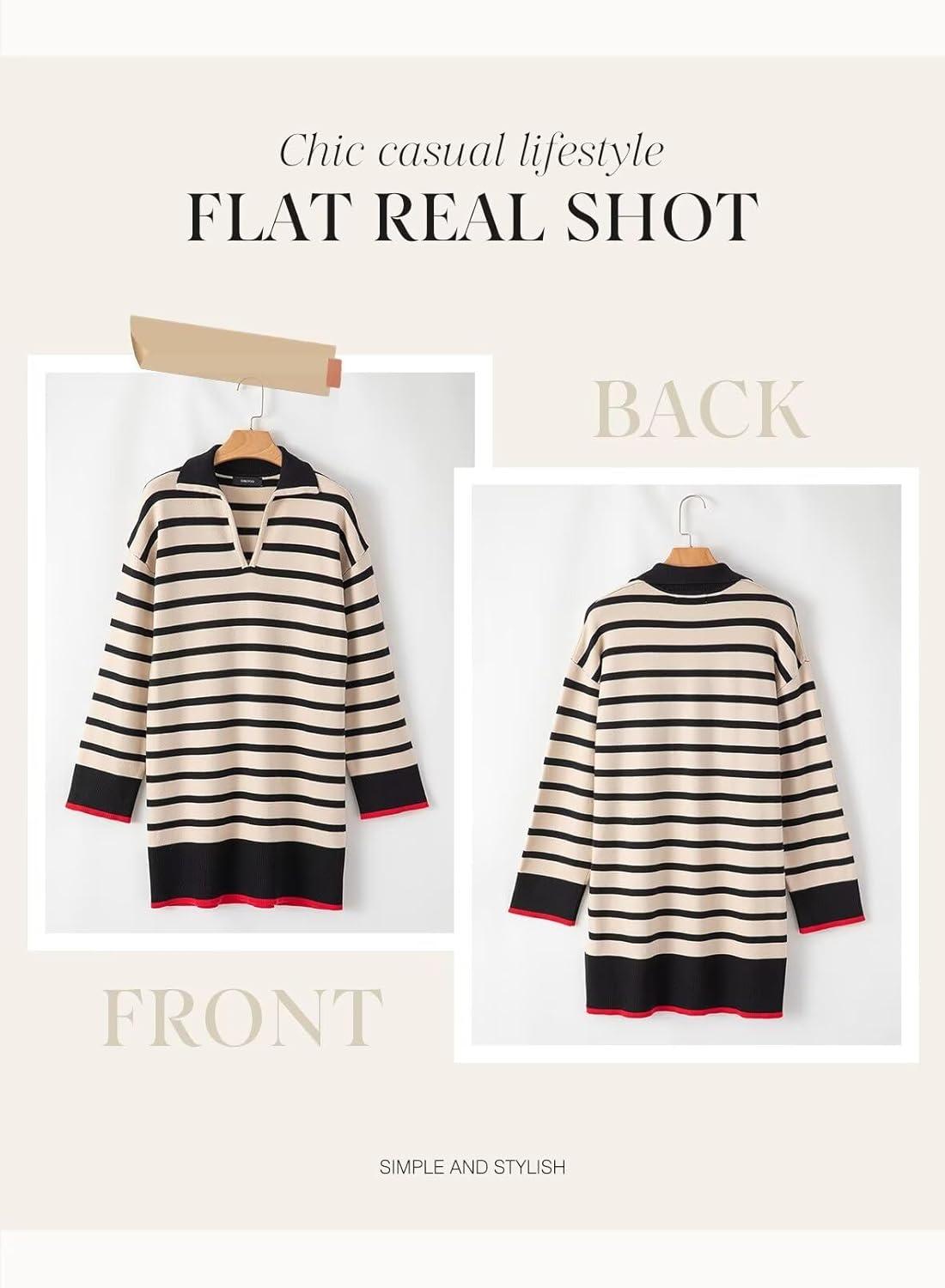 imageDokotoo Womens Polo V Neck Sweater Dresses Fall Dresses for Women 2024 Long Sleeve Dress Casual Striped Mini DressApricot Stripe