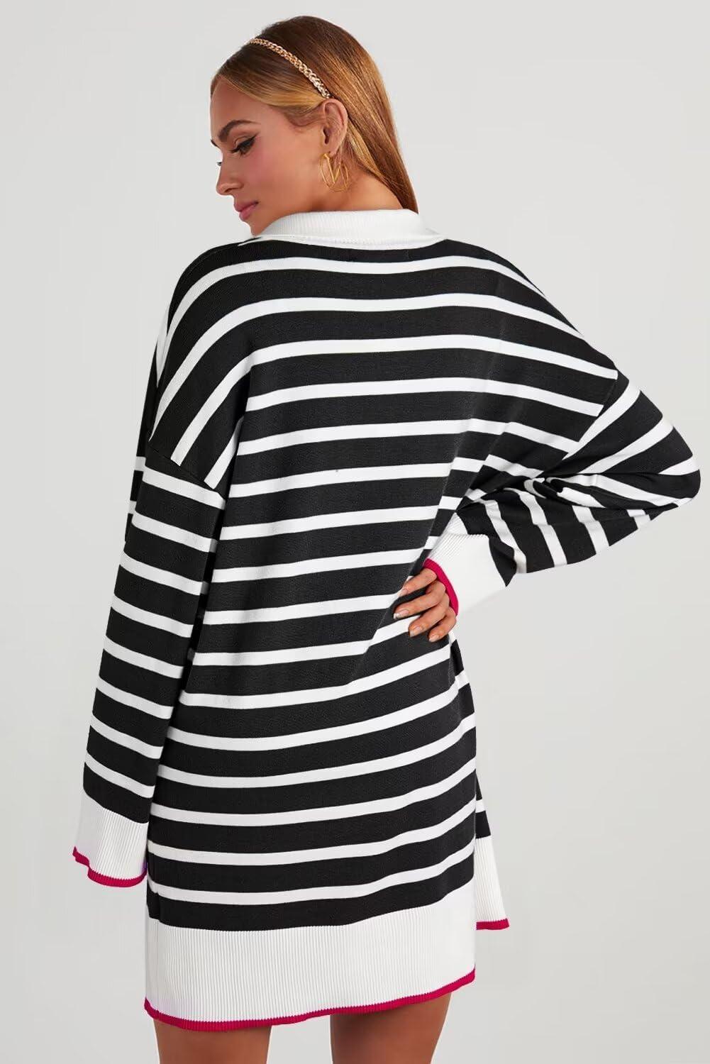 imageDokotoo Womens Polo V Neck Sweater Dresses Fall Dresses for Women 2024 Long Sleeve Dress Casual Striped Mini DressBlack Stripe