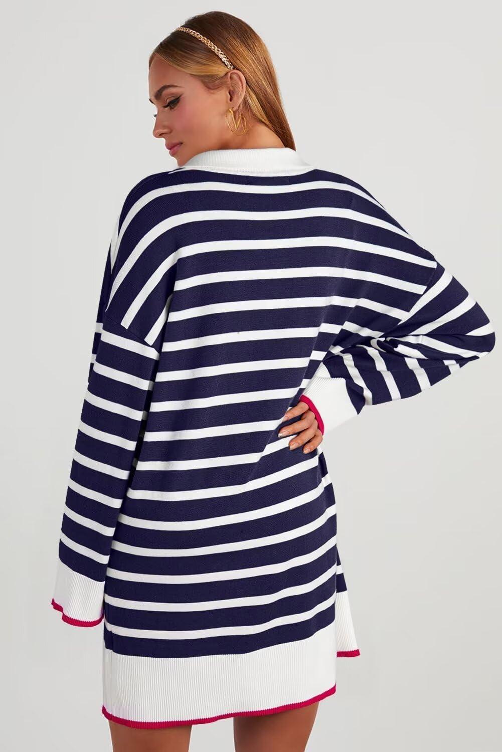 imageDokotoo Womens Polo V Neck Sweater Dresses Fall Dresses for Women 2024 Long Sleeve Dress Casual Striped Mini DressBlue Stripe