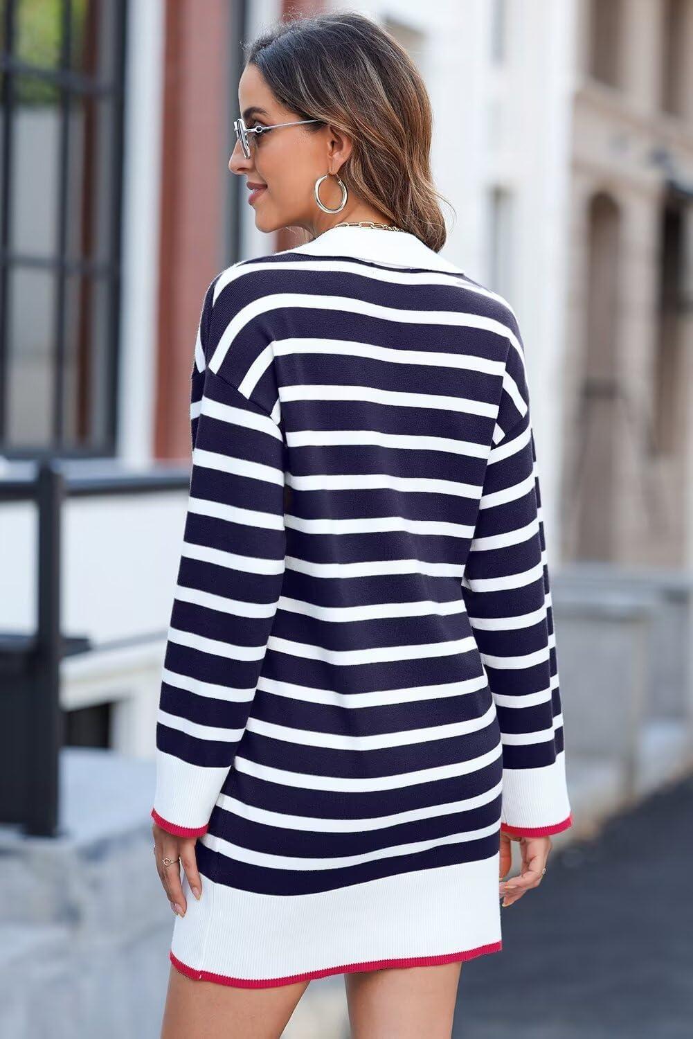 imageDokotoo Womens Polo V Neck Sweater Dresses Fall Dresses for Women 2024 Long Sleeve Dress Casual Striped Mini DressBlue Stripe