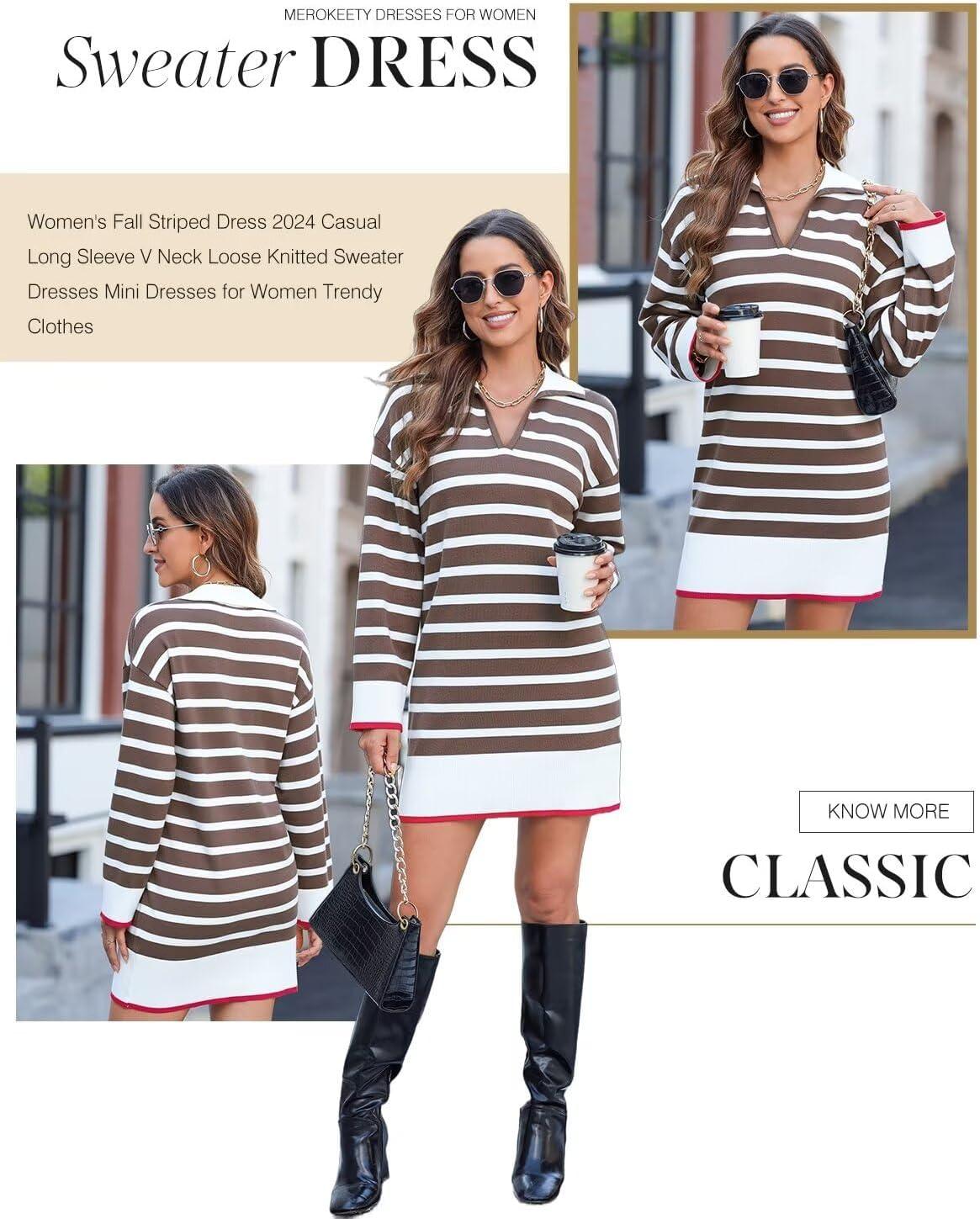imageDokotoo Womens Polo V Neck Sweater Dresses Fall Dresses for Women 2024 Long Sleeve Dress Casual Striped Mini DressBrown Stripe