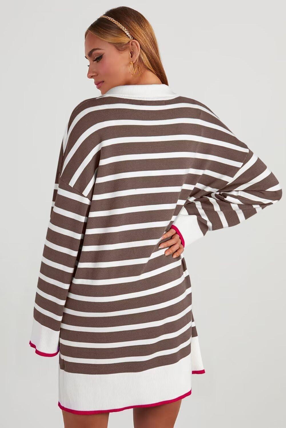 imageDokotoo Womens Polo V Neck Sweater Dresses Fall Dresses for Women 2024 Long Sleeve Dress Casual Striped Mini DressBrown Stripe