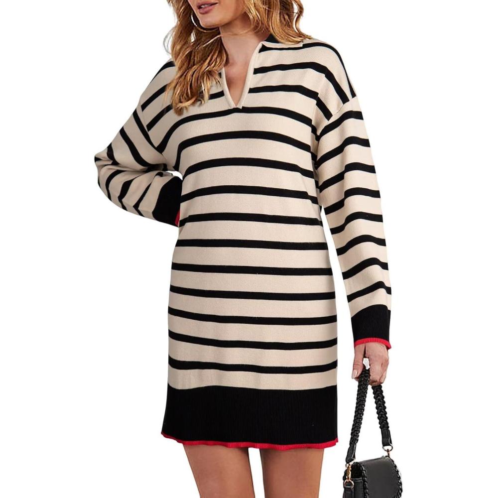 imageDokotoo Womens Polo V Neck Sweater Dresses Fall Dresses for Women 2024 Long Sleeve Dress Casual Striped Mini DressApricot Stripe