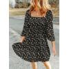 imageDokotoo Fall Dresses for Women 2025 Boho Floral Square Neck Smocked 34 Sleeve Casual ALine Swing Mini Dress SundressBlack