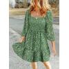 imageDokotoo Fall Dresses for Women 2025 Boho Floral Square Neck Smocked 34 Sleeve Casual ALine Swing Mini Dress SundressGreen