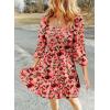 imageDokotoo Fall Dresses for Women 2025 Boho Floral Square Neck Smocked 34 Sleeve Casual ALine Swing Mini Dress SundressRed 1
