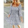 imageDokotoo Fall Dresses for Women 2025 Boho Floral Square Neck Smocked 34 Sleeve Casual ALine Swing Mini Dress SundressSky Blue