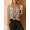 imageDokotoo Womens Casual Long Sleeve 2025 T Shirt Crewneck Side Split Fall Tie Knot Pullover Loose Tunic TopsCamel