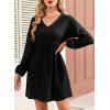 imageDokotoo Womens Fall Dresses 2025 Casual VNeck Long Sleeve Empire Waist Waffle Knit Mini Dress with PocketsBlack