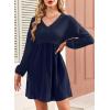 imageDokotoo Womens Fall Dresses 2025 Casual VNeck Long Sleeve Empire Waist Waffle Knit Mini Dress with PocketsNavy Blue