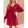 imageDokotoo Womens Fall Dresses 2025 Casual VNeck Long Sleeve Empire Waist Waffle Knit Mini Dress with PocketsRed