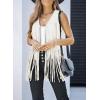 imageDokotoo Womens Fringe Vest 70s Hippie Costume Sleeveless Cowgirl Western Outfits Faux Suede Tassel Leather OuterwearBeige