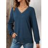 imageDokotoo Womens Tops Dressy Casual 2025 Long Sleeve Pullover V Neck Fall Shirts Hollow Out Lace Embroidered BlouseBlue