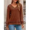 imageDokotoo Womens Tops Dressy Casual 2025 Long Sleeve Pullover V Neck Fall Shirts Hollow Out Lace Embroidered BlouseBrown