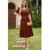 imageDokotoo Womens V Neck Short Flared Sleeve Wedding Guest Dress Elastic Waist Tiered Ruffle Hem Velvet DressCoffee