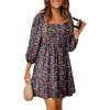 imageDokotoo Fall Dresses for Women 2025 Boho Floral Square Neck Smocked 34 Sleeve Casual ALine Swing Mini Dress SundressBlue