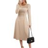 imageDokotoo Womens Casual Long Sleeve Dresses Fashion Fall Lace Crewneck Elegant Solid Formal Midi DressApricot