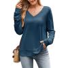 imageDokotoo Womens Tops Dressy Casual 2025 Long Sleeve Pullover V Neck Fall Shirts Hollow Out Lace Embroidered BlouseBlue
