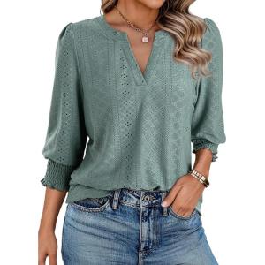 imageDokotoo 34 Length Sleeve Womens Tops Dressy Casual V Neck Cute TShirts Hollow Out BlousesGreen Bay