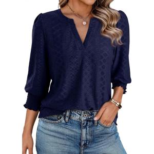imageDokotoo 34 Length Sleeve Womens Tops Dressy Casual V Neck Cute TShirts Hollow Out BlousesNavy Blue