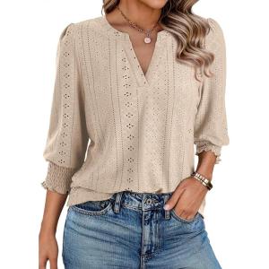 imageDokotoo 34 Length Sleeve Womens Tops Dressy Casual V Neck Cute TShirts Hollow Out BlousesParchment