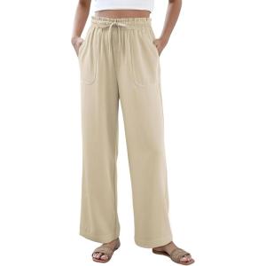 imageDokotoo Casual Pants for Women Loose Elastic High Waisted Drawstring Wide Leg Pants with PocketsBeige