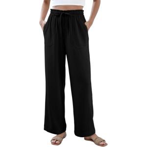 imageDokotoo Casual Pants for Women Loose Elastic High Waisted Drawstring Wide Leg Pants with PocketsBlack
