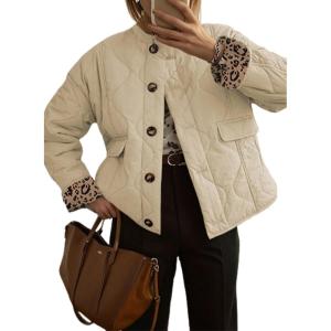 imageDokotoo Casual Quilted Jackets for Women Button Down Leopard Puffer Jacket Womens Winter Coats with PocketsApricot