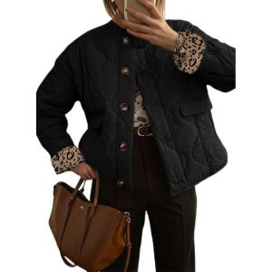 imageDokotoo Casual Quilted Jackets for Women Button Down Leopard Puffer Jacket Womens Winter Coats with PocketsBlack