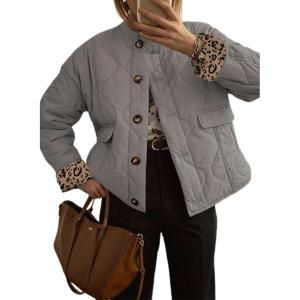 imageDokotoo Casual Quilted Jackets for Women Button Down Leopard Puffer Jacket Womens Winter Coats with PocketsGray