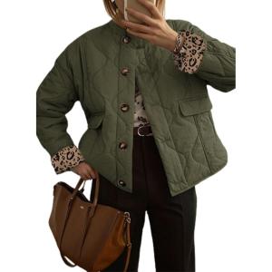imageDokotoo Casual Quilted Jackets for Women Button Down Leopard Puffer Jacket Womens Winter Coats with PocketsGreen