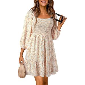 imageDokotoo Fall Dresses for Women 2025 Boho Floral Square Neck Smocked 34 Sleeve Casual ALine Swing Mini Dress SundressBeige