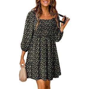 imageDokotoo Fall Dresses for Women 2025 Boho Floral Square Neck Smocked 34 Sleeve Casual ALine Swing Mini Dress SundressBlack