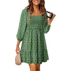 imageDokotoo Fall Dresses for Women 2025 Boho Floral Square Neck Smocked 34 Sleeve Casual ALine Swing Mini Dress SundressGreen