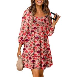 imageDokotoo Fall Dresses for Women 2025 Boho Floral Square Neck Smocked 34 Sleeve Casual ALine Swing Mini Dress SundressRed 1