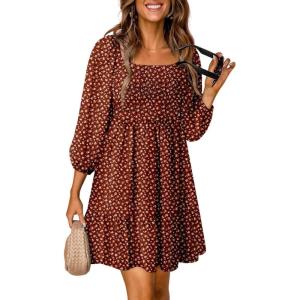 imageDokotoo Fall Dresses for Women 2025 Boho Floral Square Neck Smocked 34 Sleeve Casual ALine Swing Mini Dress SundressRed