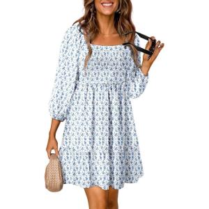 imageDokotoo Fall Dresses for Women 2025 Boho Floral Square Neck Smocked 34 Sleeve Casual ALine Swing Mini Dress SundressSky Blue