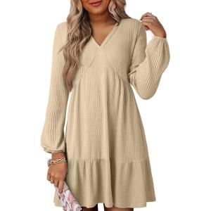 imageDokotoo Fall Dresses for Women 2025 Long Sleeve V Neck Lightweight Ribbed Knit Empire Waist Casual A Line Swing Mini DressApricot