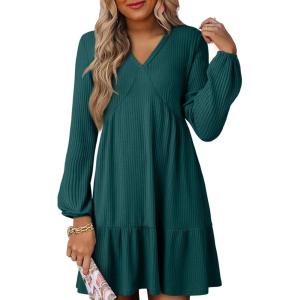 imageDokotoo Fall Dresses for Women 2025 Long Sleeve V Neck Lightweight Ribbed Knit Empire Waist Casual A Line Swing Mini DressBlackish Green