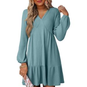 imageDokotoo Fall Dresses for Women 2025 Long Sleeve V Neck Lightweight Ribbed Knit Empire Waist Casual A Line Swing Mini DressLight Blue
