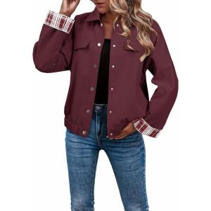 imageDokotoo Fall Jackets for Women 2025 Oversized Fashion Snap Button Color Blocked Sleeves Fall Casual CoatsBurgundy
