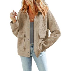 imageDokotoo Jackets for Women Casual Long Sleeve Collared Jacquard Coats Trendy Button Down Shacket Jacket with PocketsKhaki