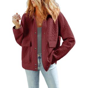 imageDokotoo Jackets for Women Casual Long Sleeve Collared Jacquard Coats Trendy Button Down Shacket Jacket with PocketsRed