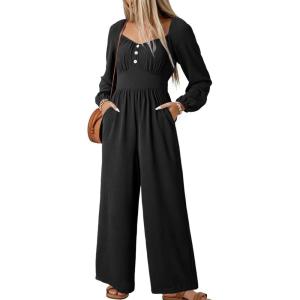 imageDokotoo Jumpsuits for Women 2025 Fall Long Sleeves Square Neck Button Decoration Rompers Overalls with PocketsBlack