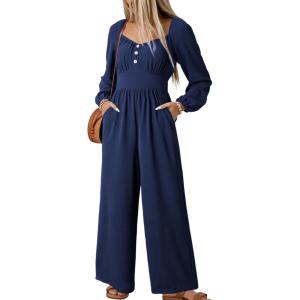 imageDokotoo Jumpsuits for Women 2025 Fall Long Sleeves Square Neck Button Decoration Rompers Overalls with PocketsNavy Blue
