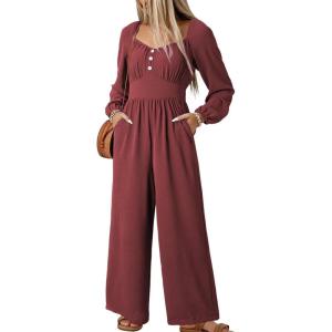 imageDokotoo Jumpsuits for Women 2025 Fall Long Sleeves Square Neck Button Decoration Rompers Overalls with PocketsRed Dahlia