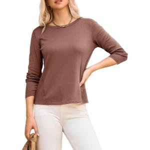imageDokotoo Long Sleeve Shirts Crewneck Womens Tops 2025 Fall Outfits Comfort Basic Tees Fashion ClothingChestnut