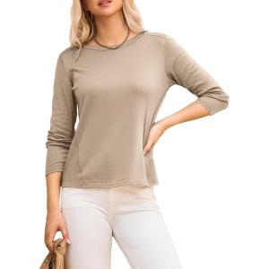 imageDokotoo Long Sleeve Shirts Crewneck Womens Tops 2025 Fall Outfits Comfort Basic Tees Fashion ClothingOatmeal