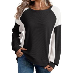 imageDokotoo Oversized Sweatshirt for Women Waffle Knit Color Block Crewneck Long Sleeve Casual High Low Pullover Sweatshirts TopsBlack
